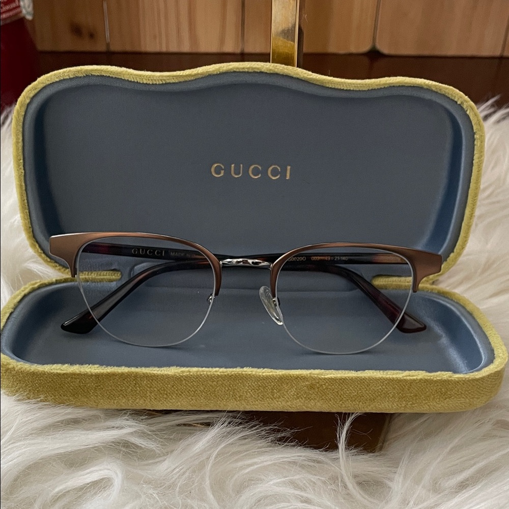 Gucci Men’s Brown and Silver Semi-Rimless Optical Glasses Unisex with suede case